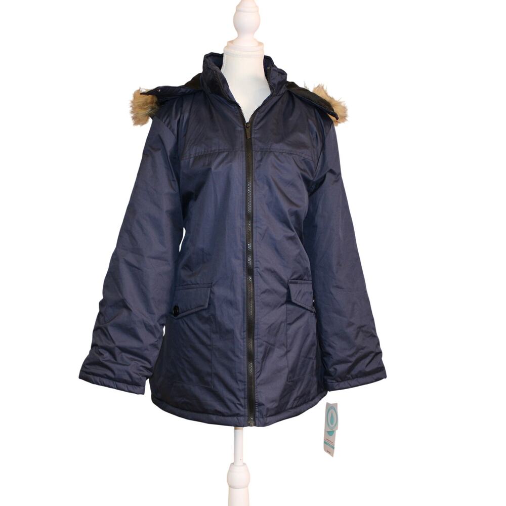NWT Totes Women's Winter Coat, Fur Trim Hood, Navy sz XL Water Resistant